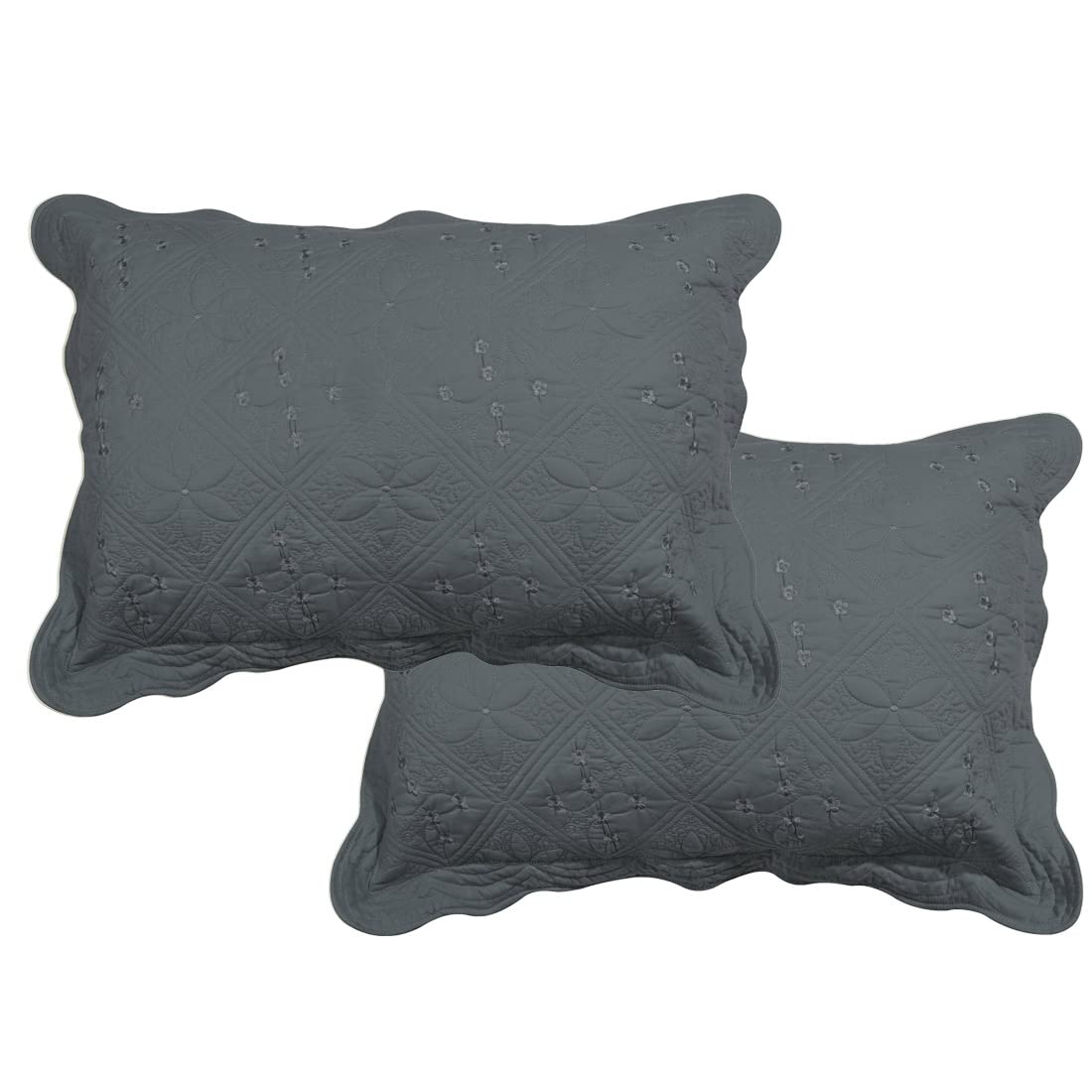 Solid Color 100% Cotton Quilted Pillow Shams Set of 2 Floral Embroidery Bed Pillow Shams Soft Pillow Covers Queen Size (Green A,20"x28")