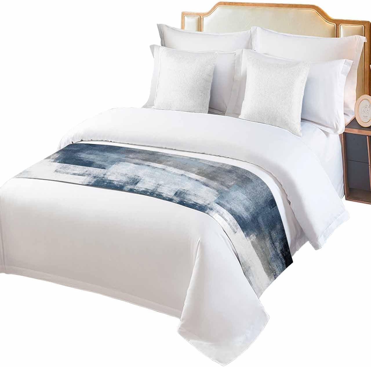 Yukro Bed Runner Scarf, Geometric Abstract Blue and Grey Oil Painting Queen Bed Scarf Runner, No Fading Decorative Bedding Scarf for Bedroom Hotels Homes and Guestrooms