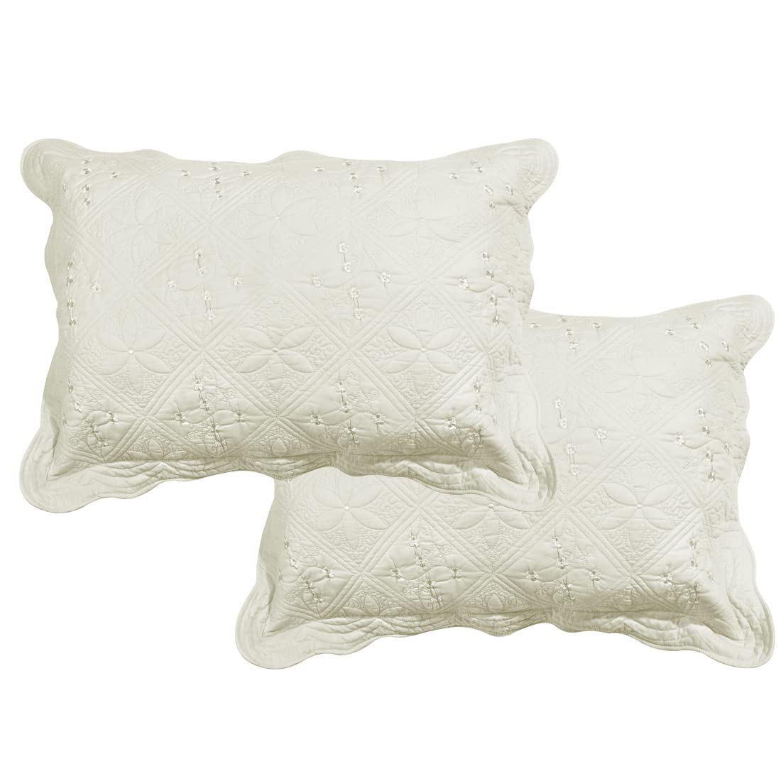 Solid Color 100% Cotton Quilted Pillow Shams Set of 2 Floral Embroidery Bed Pillow Shams Soft Pillow Covers Queen Size (Green A,20"x28")