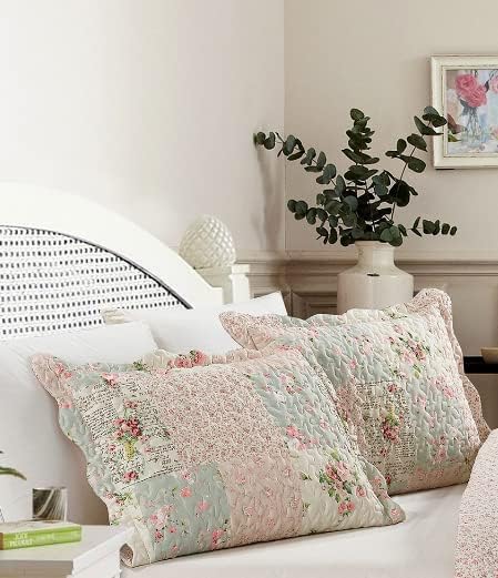 Brilliant Sunshine Traditional Rose and Sage Patchwork Pillowshams Set, Quilted Standard Pillowcases, 20x26 with 2" Flange, Scalloped Edge Pillow Covers, Pack of 2, Pink
