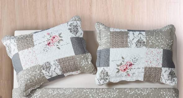 Brilliant Sunshine Traditional Rose and Sage Patchwork Pillowshams Set, Quilted Standard Pillowcases, 20x26 with 2" Flange, Scalloped Edge Pillow Covers, Pack of 2, Pink