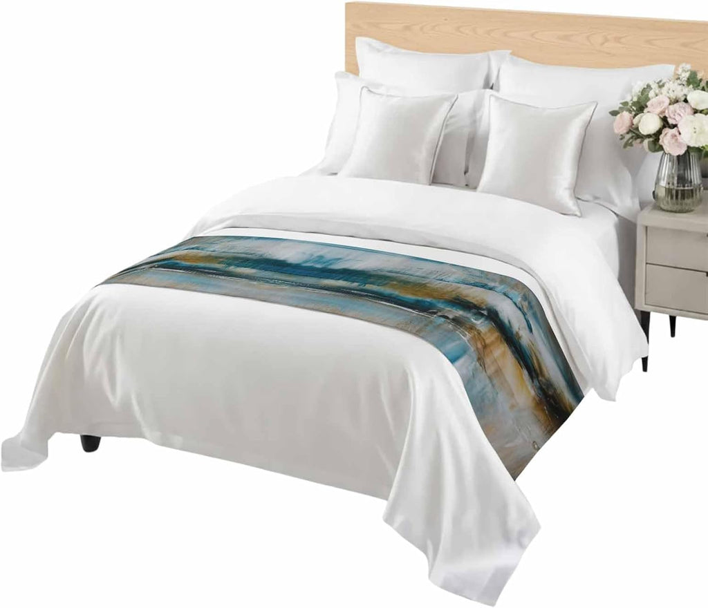 Abstract Mottled Turquoise Green Gray Art Bed Runners for Bedroom Hotel,Decorative Bedding Scarf Retro Painting Bed End Blanket Bedding Runner Scarves for Queen Size Bed,94x20in