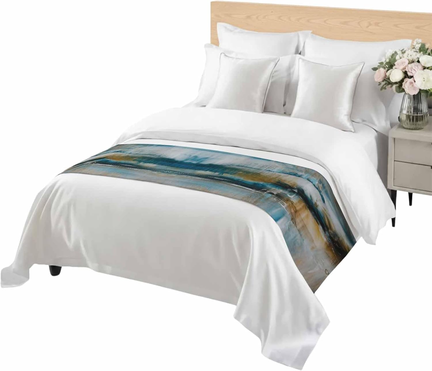 Abstract Mottled Turquoise Green Gray Art Bed Runners for Bedroom Hotel,Decorative Bedding Scarf Retro Painting Bed End Blanket Bedding Runner Scarves for Queen Size Bed,94x20in