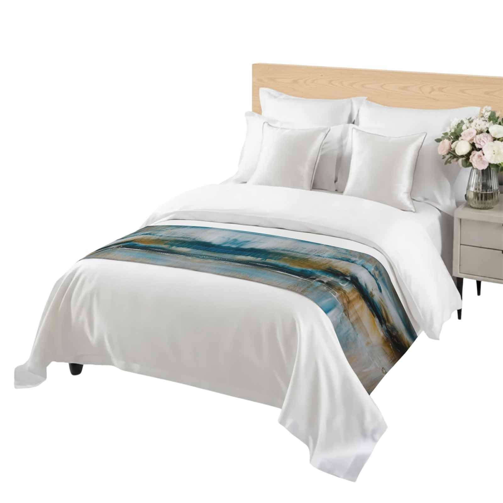 Abstract Mottled Turquoise Green Gray Art Bed Runners for Bedroom Hotel,Decorative Bedding Scarf Retro Painting Bed End Blanket Bedding Runner Scarves for Queen Size Bed,94x20in