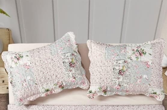 Brilliant Sunshine Traditional Rose and Sage Patchwork Pillowshams Set, Quilted Standard Pillowcases, 20x26 with 2" Flange, Scalloped Edge Pillow Covers, Pack of 2, Pink