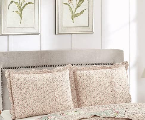 Brilliant Sunshine Traditional Rose and Sage Patchwork Pillowshams Set, Quilted Standard Pillowcases, 20x26 with 2" Flange, Scalloped Edge Pillow Covers, Pack of 2, Pink