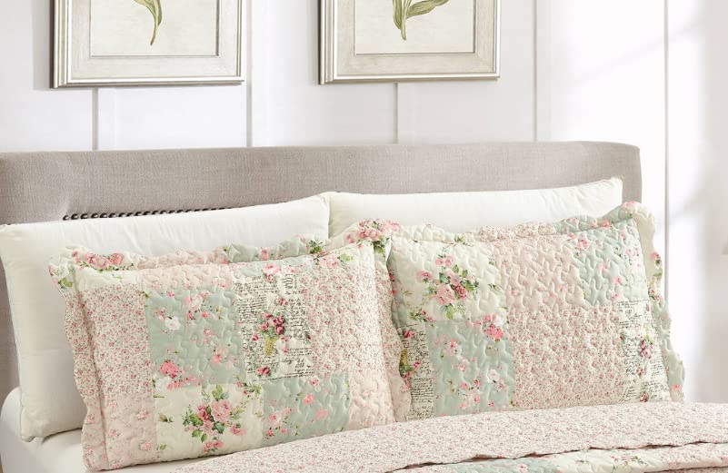 Brilliant Sunshine Traditional Rose and Sage Patchwork Pillowshams Set, Quilted Standard Pillowcases, 20x26 with 2" Flange, Scalloped Edge Pillow Covers, Pack of 2, Pink