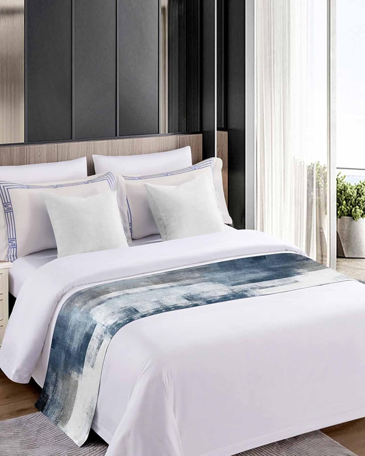 Yukro Bed Runner Scarf, Geometric Abstract Blue and Grey Oil Painting Queen Bed Scarf Runner, No Fading Decorative Bedding Scarf for Bedroom Hotels Homes and Guestrooms