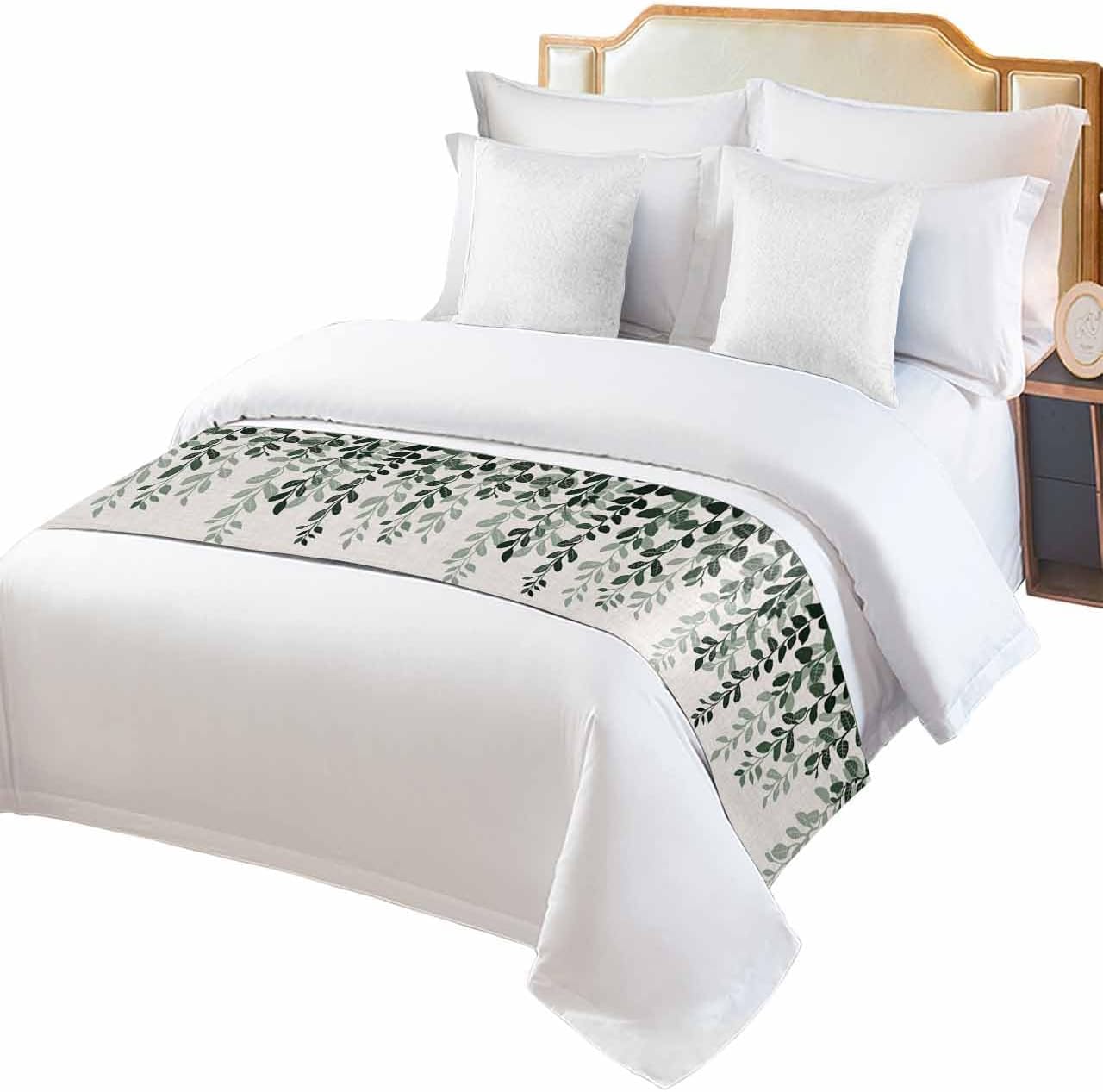 Yukro Ombre Bed Runner Scarf, Plants Gradient Green Leaves Farmhouse Style Linen Texture Queen Bed Scarf Runner, No Fading Decorative Bedding Scarf for Bedroom Hotels Homes and Guestrooms