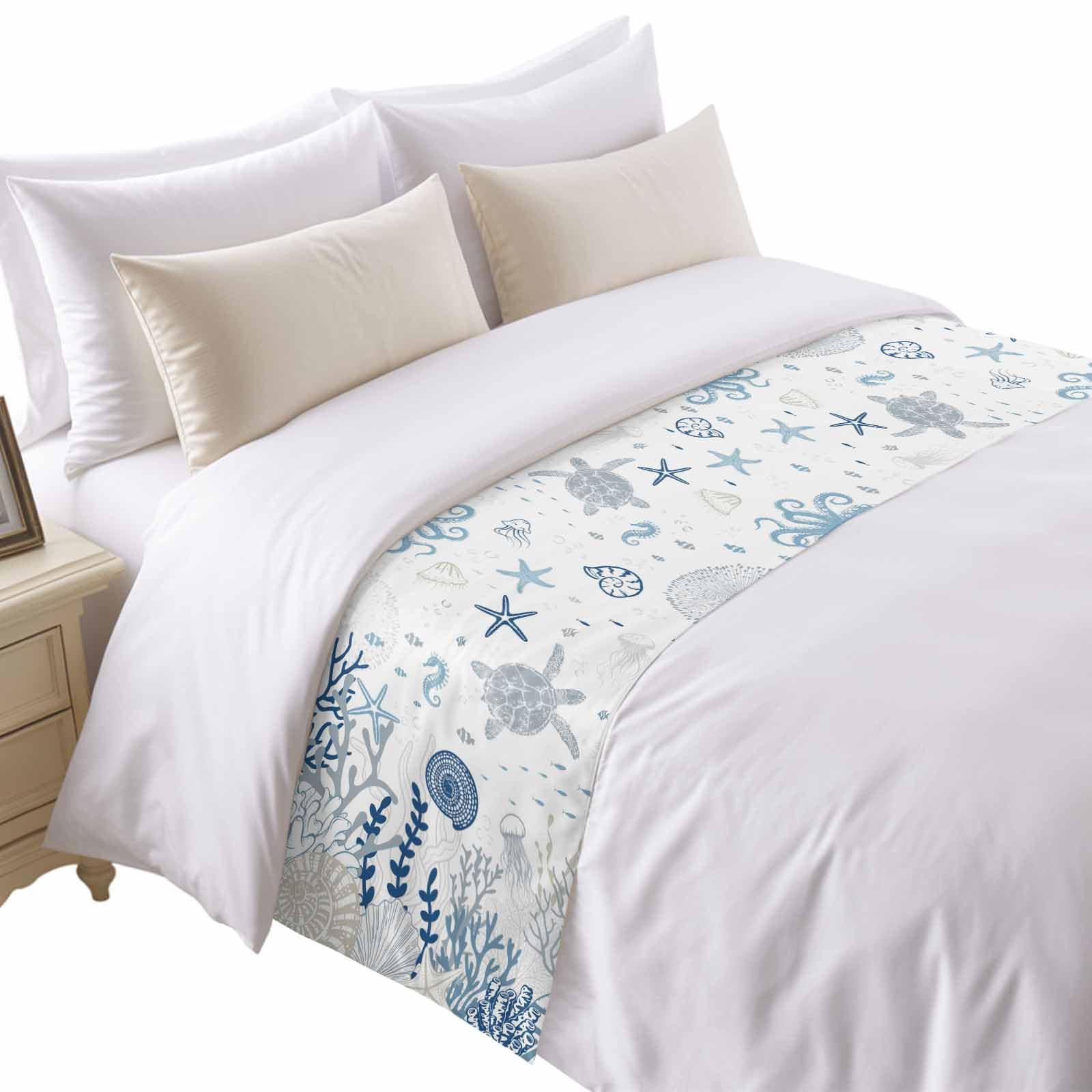 Bed Runner for King Size Bed, Blue Beige Farmhouse Decorative Bed Runners Scarves for Bedroom, Vintage Wooden Striped Washable Bedding Scarf Cover Bed Runner for Foot of Bed