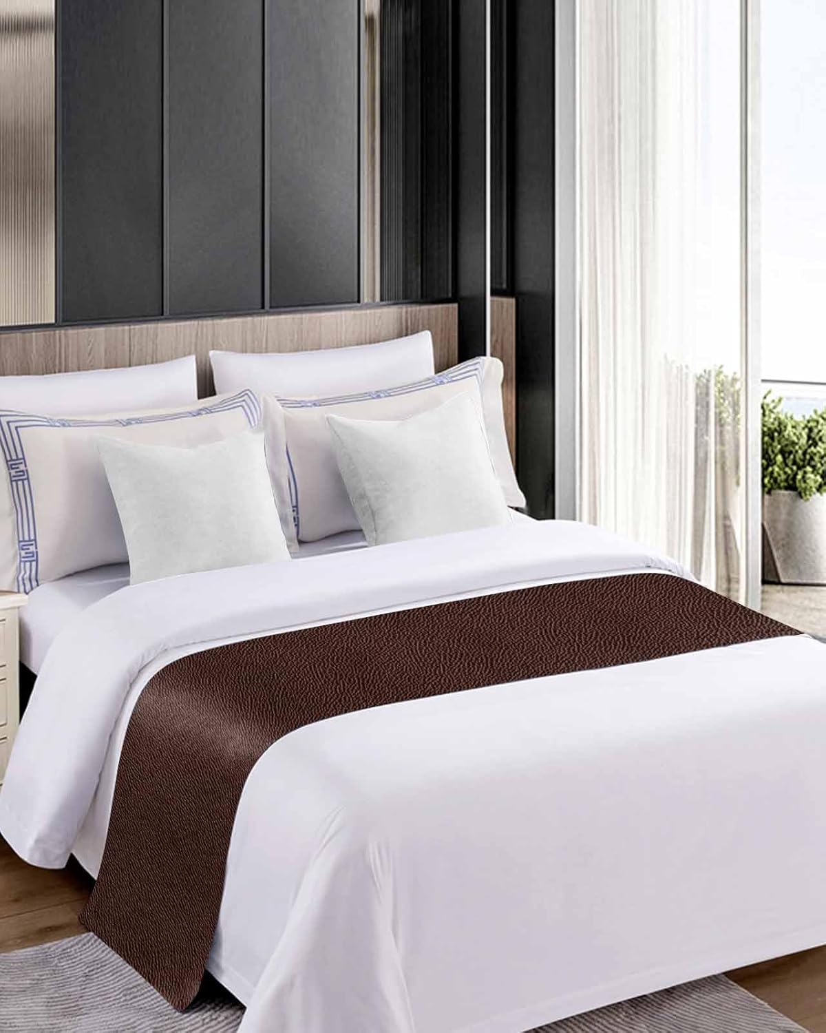 Yukro Bed Runner Scarf, Boho Brown Leather Texture Farmhouse Style Queen Bed Scarf Runner, No Fading Decorative Bedding Scarf for Bedroom Hotels Homes and Guestrooms