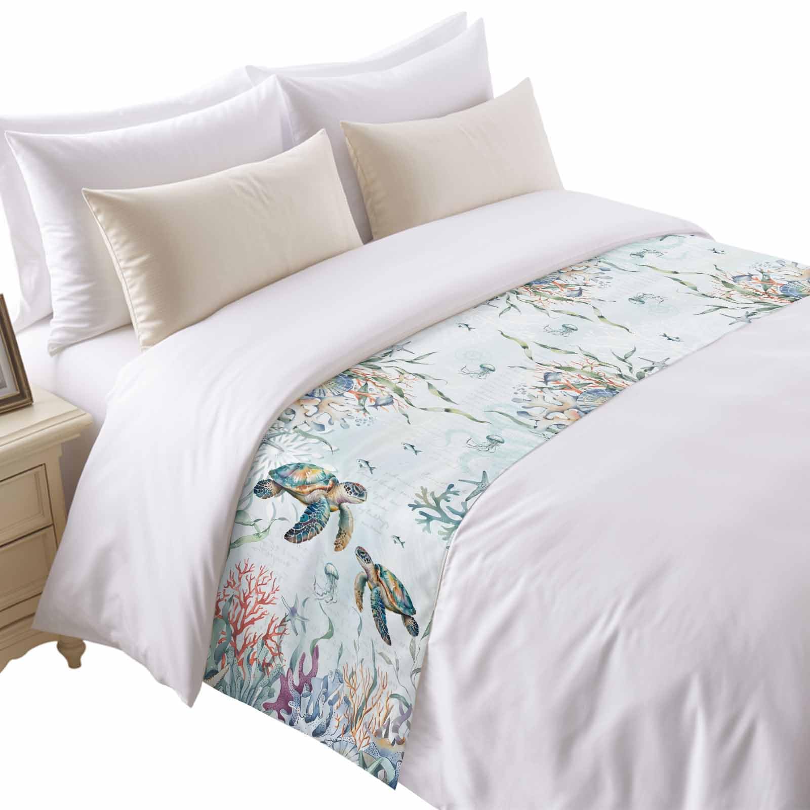 Bed Runner for King Size Bed, Blue Beige Farmhouse Decorative Bed Runners Scarves for Bedroom, Vintage Wooden Striped Washable Bedding Scarf Cover Bed Runner for Foot of Bed