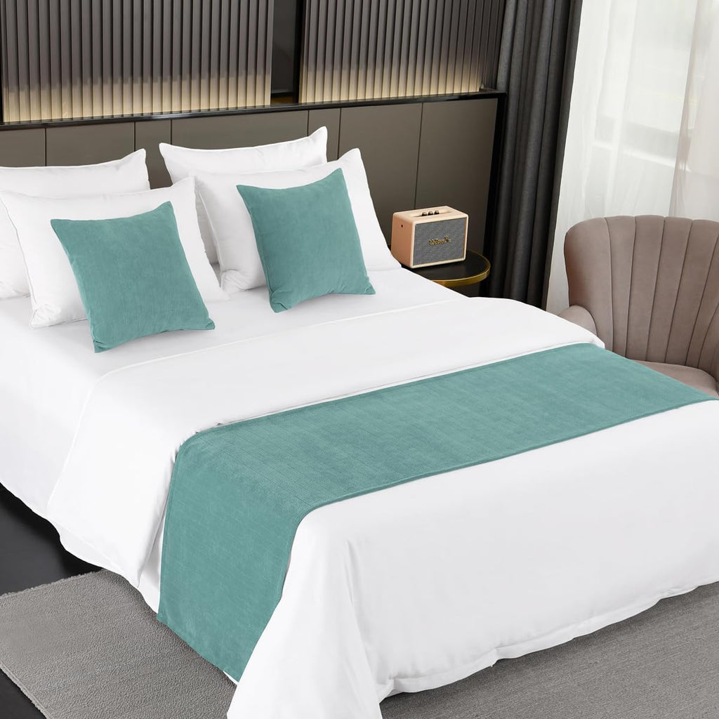 AMBERIS Bed Runner Single Layer Chenille Blue-Green, Modern Style Bed Scarves for Home Hotel Decorations (Pillowcases Sold Separately)