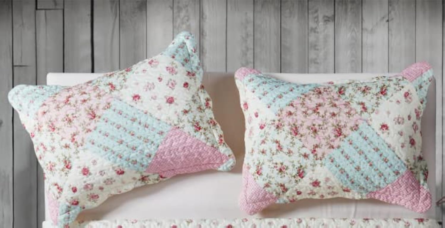 Brilliant Sunshine Traditional Rose and Sage Patchwork Pillowshams Set, Quilted Standard Pillowcases, 20x26 with 2" Flange, Scalloped Edge Pillow Covers, Pack of 2, Pink