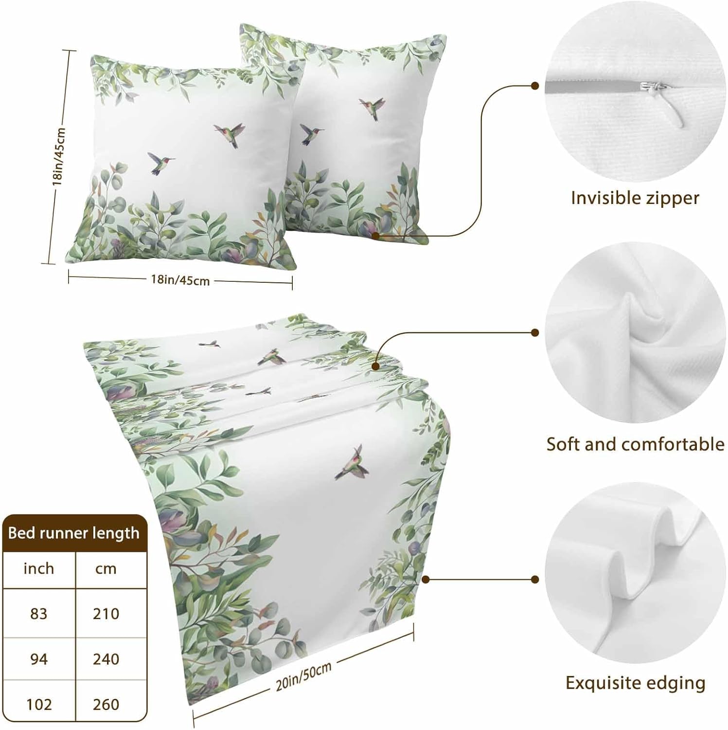 Leaf Bird Bed Runners for Queen Size Beds Sage Greeen Botanical Watercolor Animals Bed Scarf Matching Decorative Throw Pillow Covers Hotel Beds End Blanket Towel Soft Bedspread Protection for Bedroom
