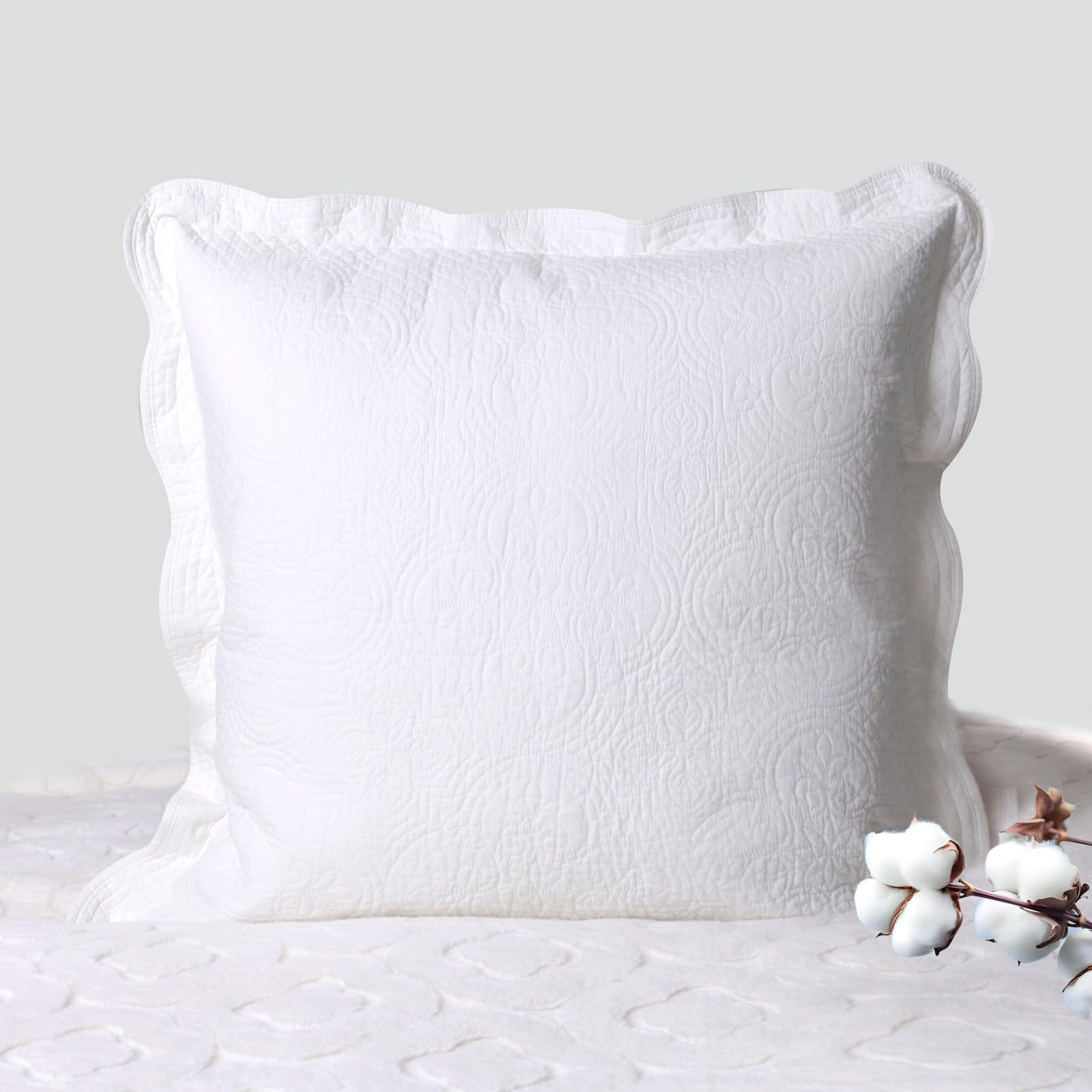 White Quilted Pillow Sham Standard Cotton Medallion Damask Set of 2 Embroidered Floral Pillowcases Scalloped Embossed Matelasse Victorian Vintage Textured Decorative 20×26