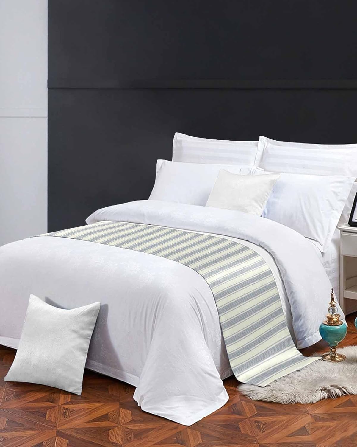 Yukro Stripe Bed Runner Scarf, Vintage Black Stripes Beige BackgroundTwin Bed Scarf Runner, No Fading Decorative Bedding Scarf for Bedroom Hotels Homes and Guestrooms