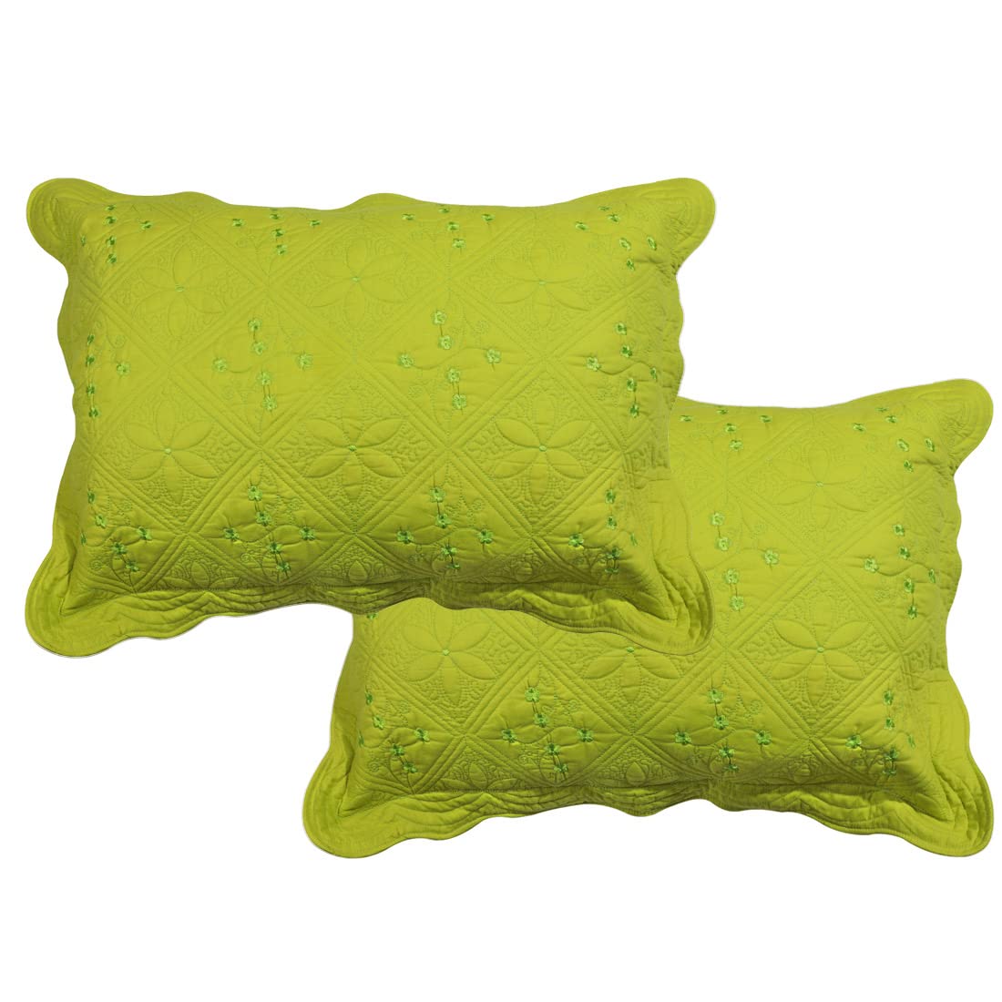 Solid Color 100% Cotton Quilted Pillow Shams Set of 2 Floral Embroidery Bed Pillow Shams Soft Pillow Covers Queen Size (Green A,20"x28")