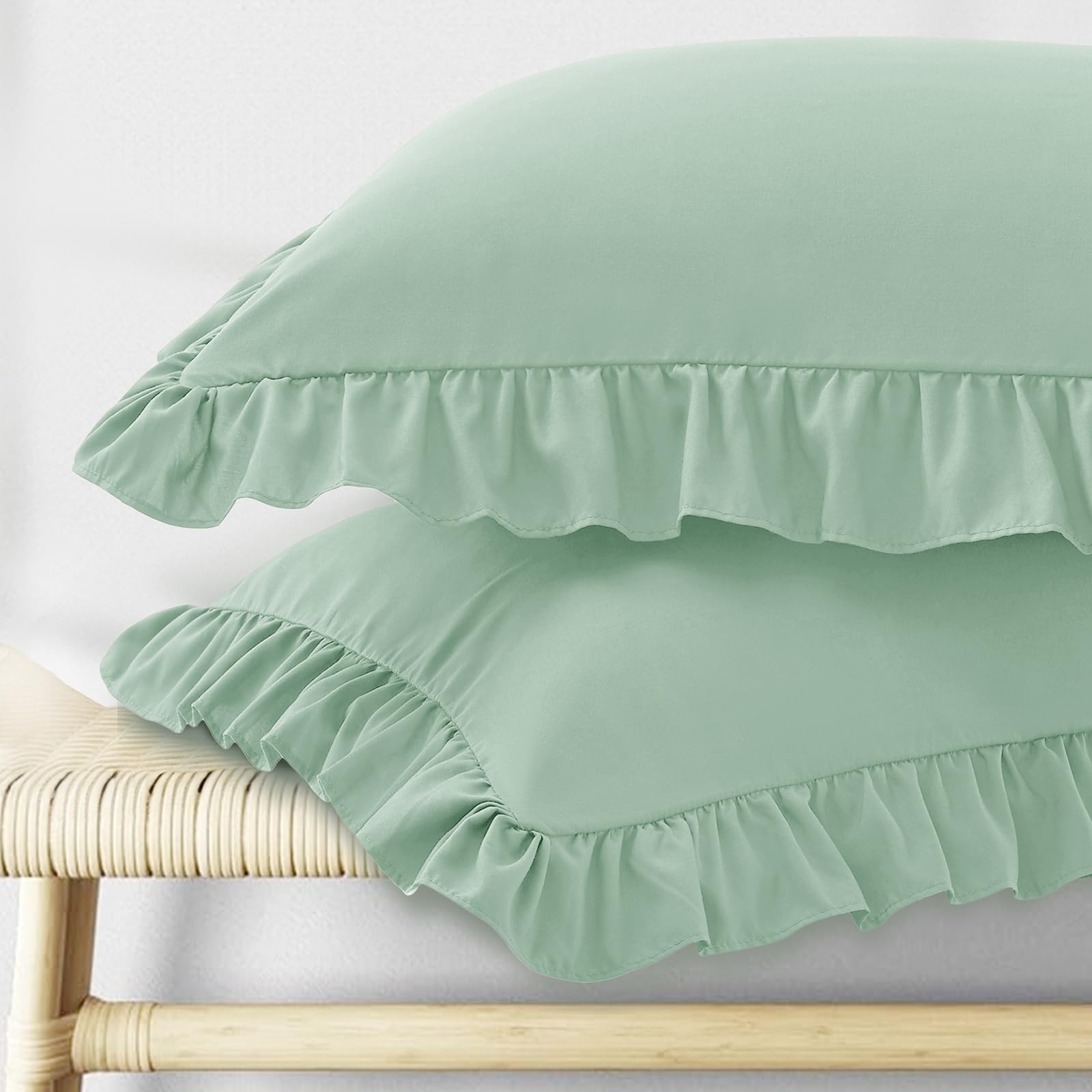 KKJIAF Ruffle Pillow Cases Standard Size Set of 2, Ruffled Pillow Covers with Envelope Closure, Wrinkle Resistant Pillowcases 20" x 26", Ruffled Pillow Shams, Olive Green