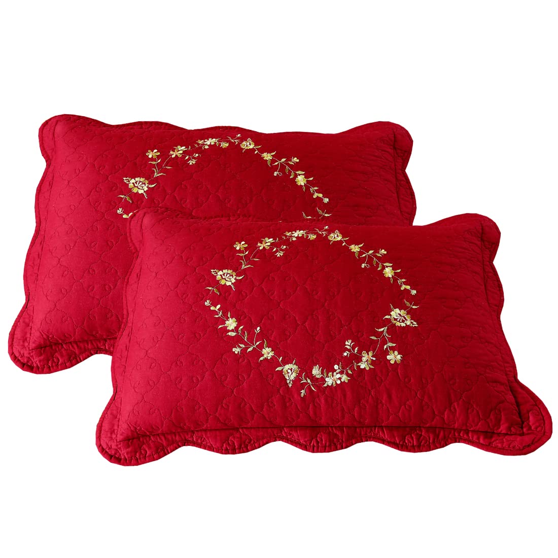 vctops 2-Piece Elegant Floral Embroidered Pillow Shams Queen Size 100% Cotton Quilted Decorative Pillow Shams Set (Cream,20"x28")