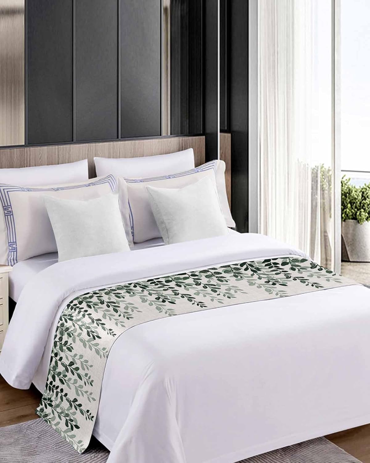 Yukro Ombre Bed Runner Scarf, Plants Gradient Green Leaves Farmhouse Style Linen Texture Queen Bed Scarf Runner, No Fading Decorative Bedding Scarf for Bedroom Hotels Homes and Guestrooms