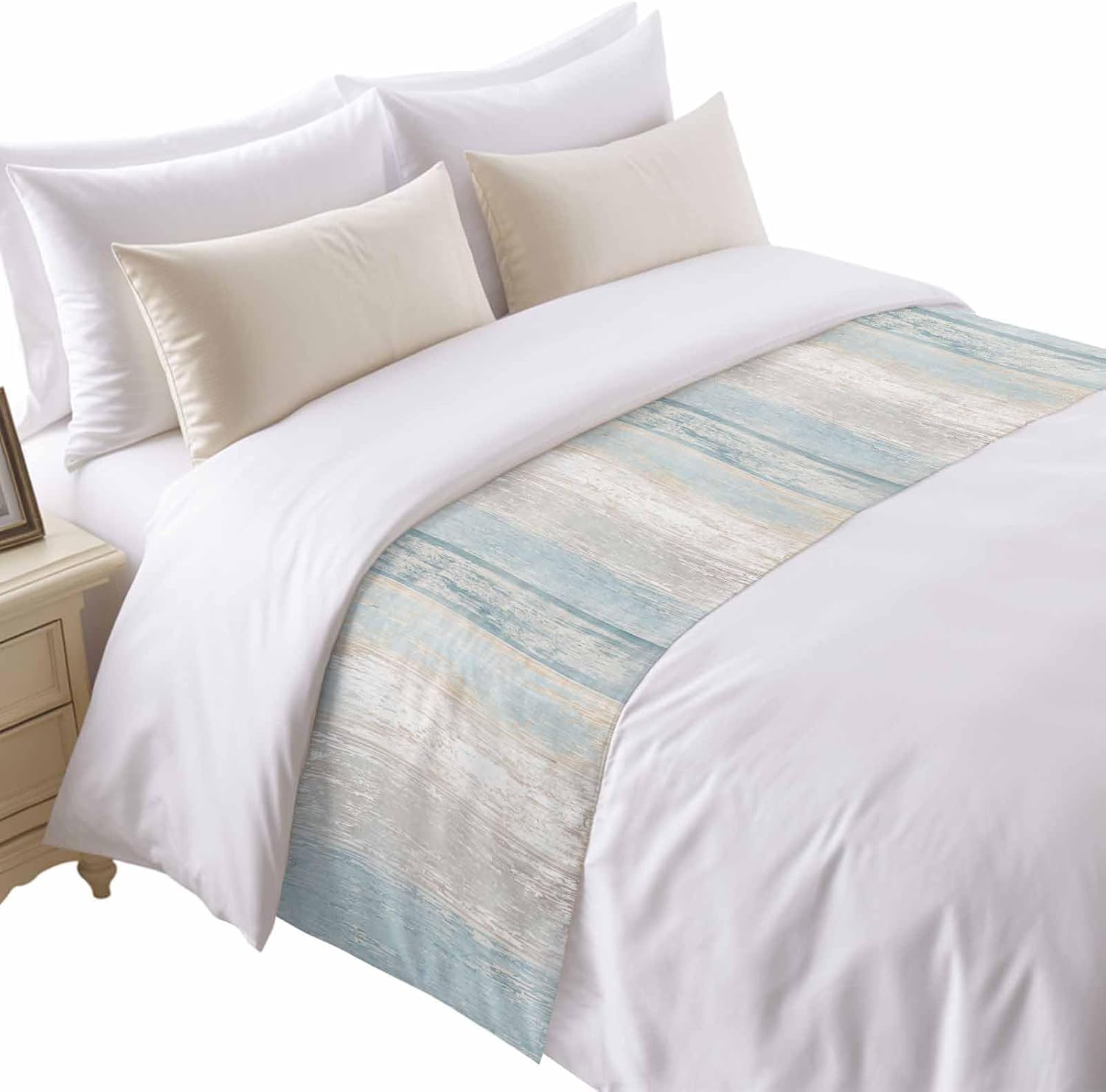 Bed Runner for King Size Bed, Blue Beige Farmhouse Decorative Bed Runners Scarves for Bedroom, Vintage Wooden Striped Washable Bedding Scarf Cover Bed Runner for Foot of Bed