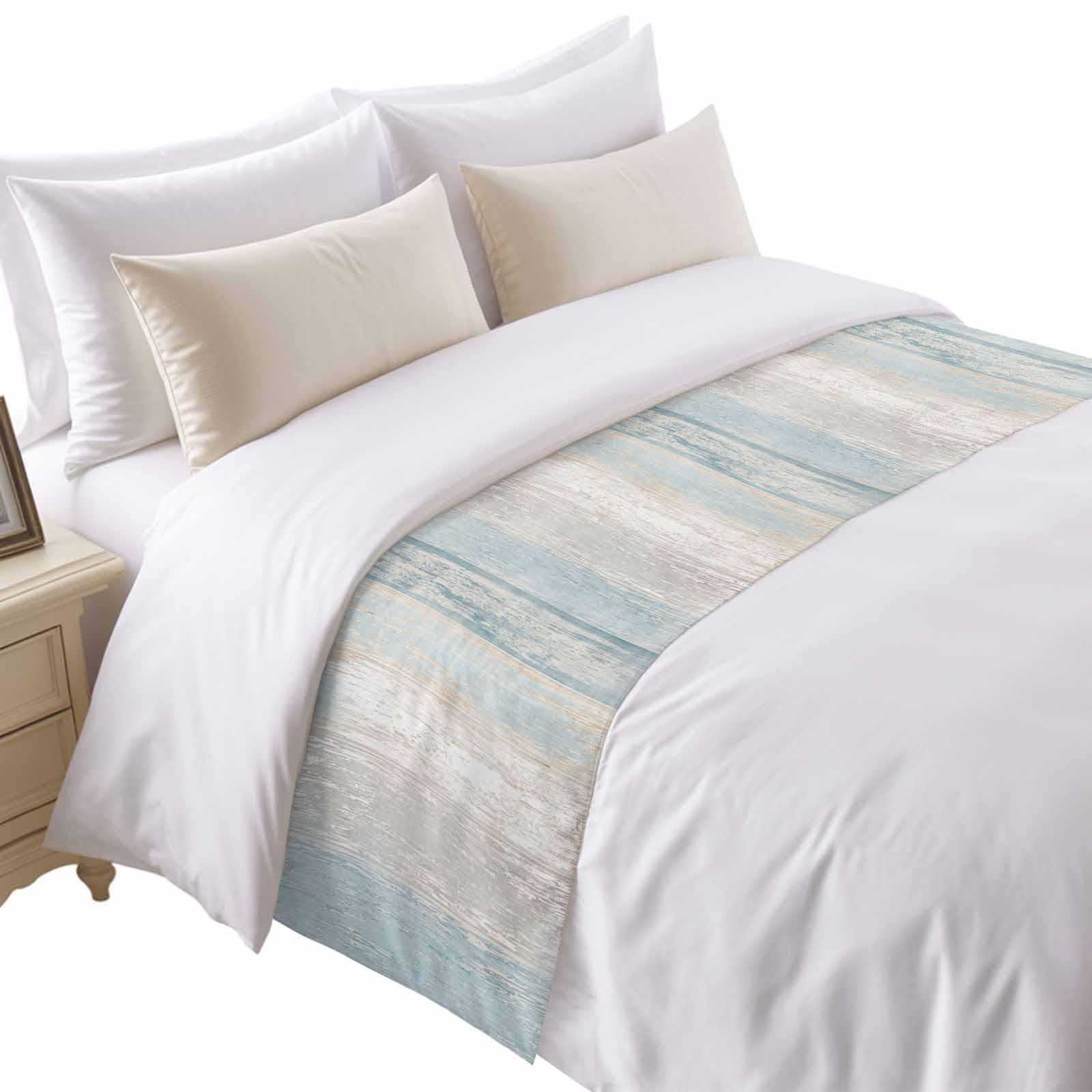 Bed Runner for King Size Bed, Blue Beige Farmhouse Decorative Bed Runners Scarves for Bedroom, Vintage Wooden Striped Washable Bedding Scarf Cover Bed Runner for Foot of Bed
