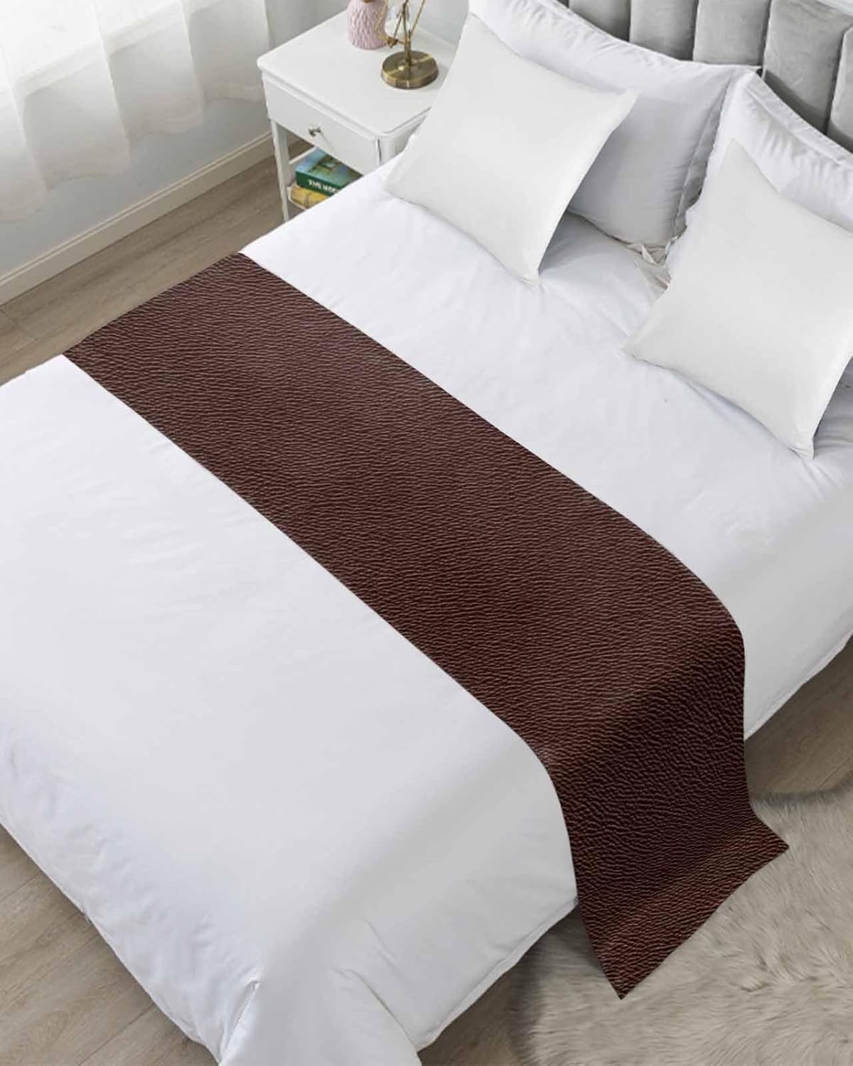 Yukro Bed Runner Scarf, Boho Brown Leather Texture Farmhouse Style Queen Bed Scarf Runner, No Fading Decorative Bedding Scarf for Bedroom Hotels Homes and Guestrooms