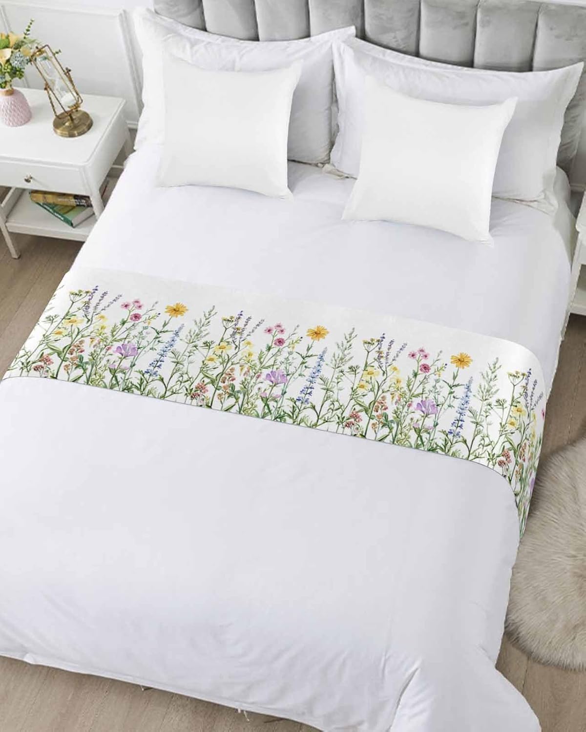 Yukro Bed Runner Scarf, Spring Colorful Wildflower Botanical Green Leaves King Bed Scarf Runner, No Fading Decorative Bedding Scarf for Bedroom Hotels Homes and Guestrooms