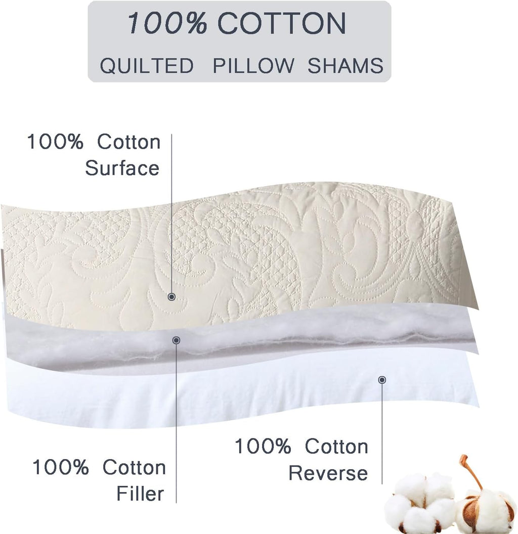 Quilted Pillow Sham Ivory Damask Standard Set of 2 Embroidered Floral Pillowcases Embossed Textured Cotton Vintage Pattern Cream 20×26