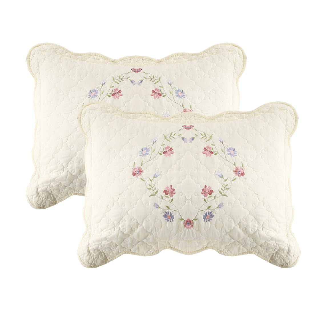 vctops 2-Piece Elegant Floral Embroidered Pillow Shams Queen Size 100% Cotton Quilted Decorative Pillow Shams Set (Cream,20"x28")