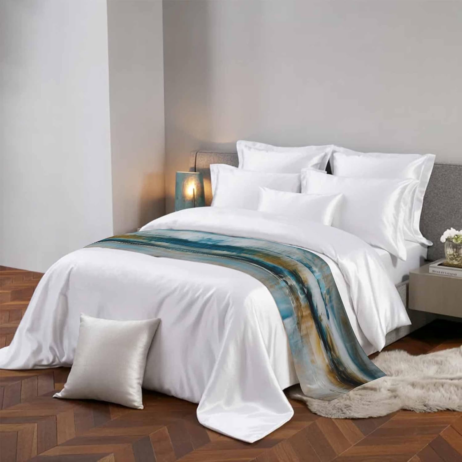 Abstract Mottled Turquoise Green Gray Art Bed Runners for Bedroom Hotel,Decorative Bedding Scarf Retro Painting Bed End Blanket Bedding Runner Scarves for Queen Size Bed,94x20in