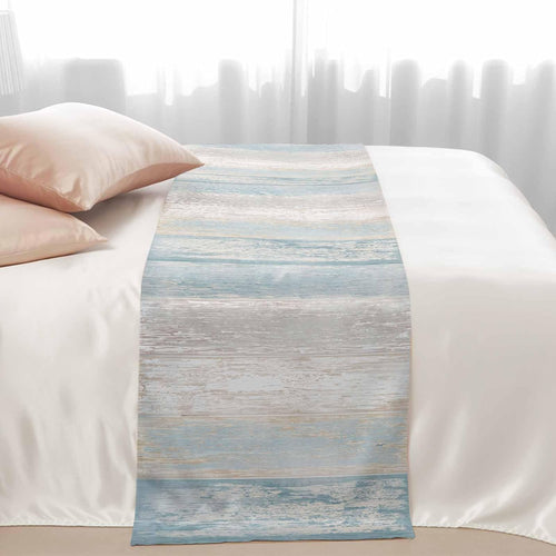 Bed Runner for King Size Bed, Blue Beige Farmhouse Decorative Bed Runners Scarves for Bedroom, Vintage Wooden Striped Washable Bedding Scarf Cover Bed Runner for Foot of Bed