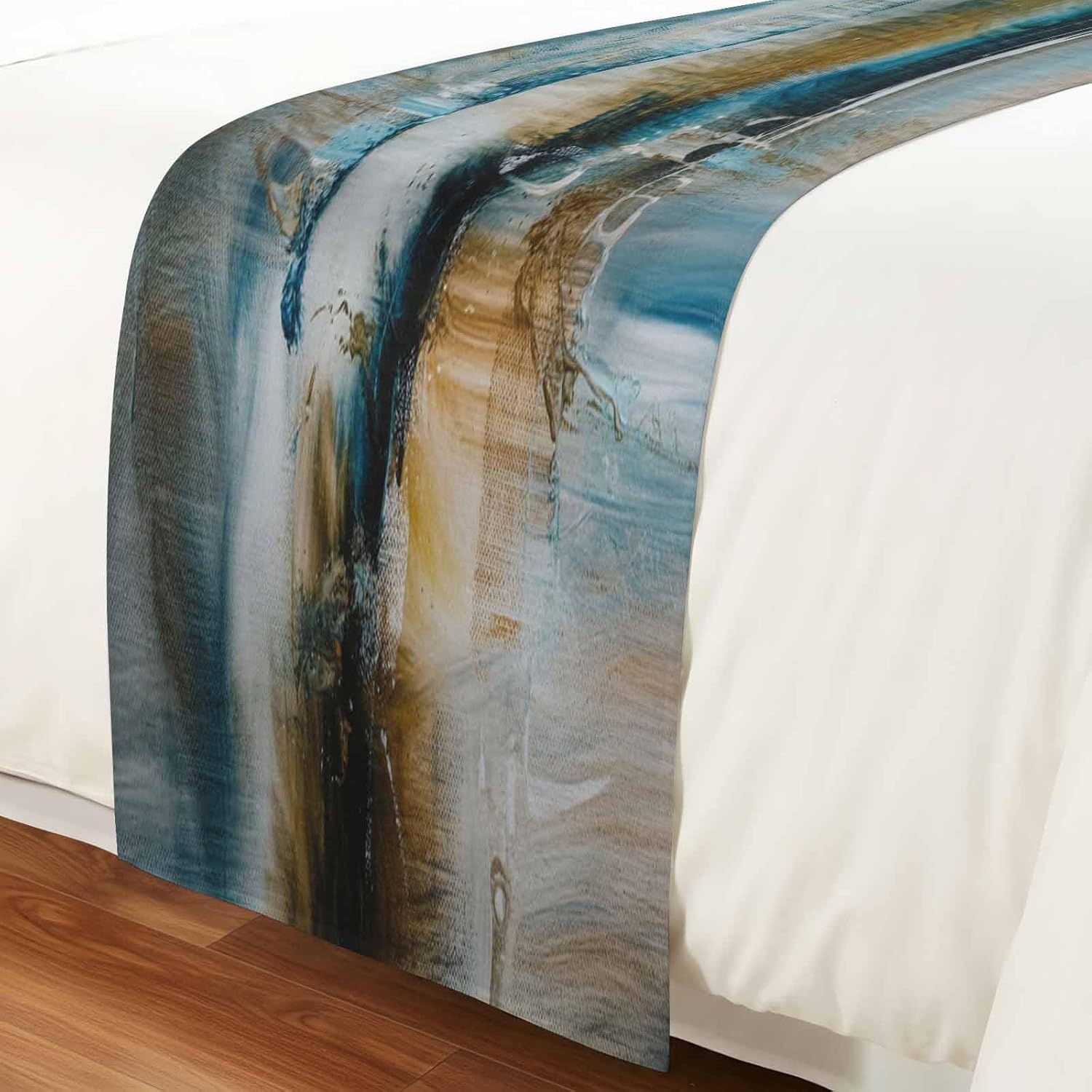 Abstract Mottled Turquoise Green Gray Art Bed Runners for Bedroom Hotel,Decorative Bedding Scarf Retro Painting Bed End Blanket Bedding Runner Scarves for Queen Size Bed,94x20in