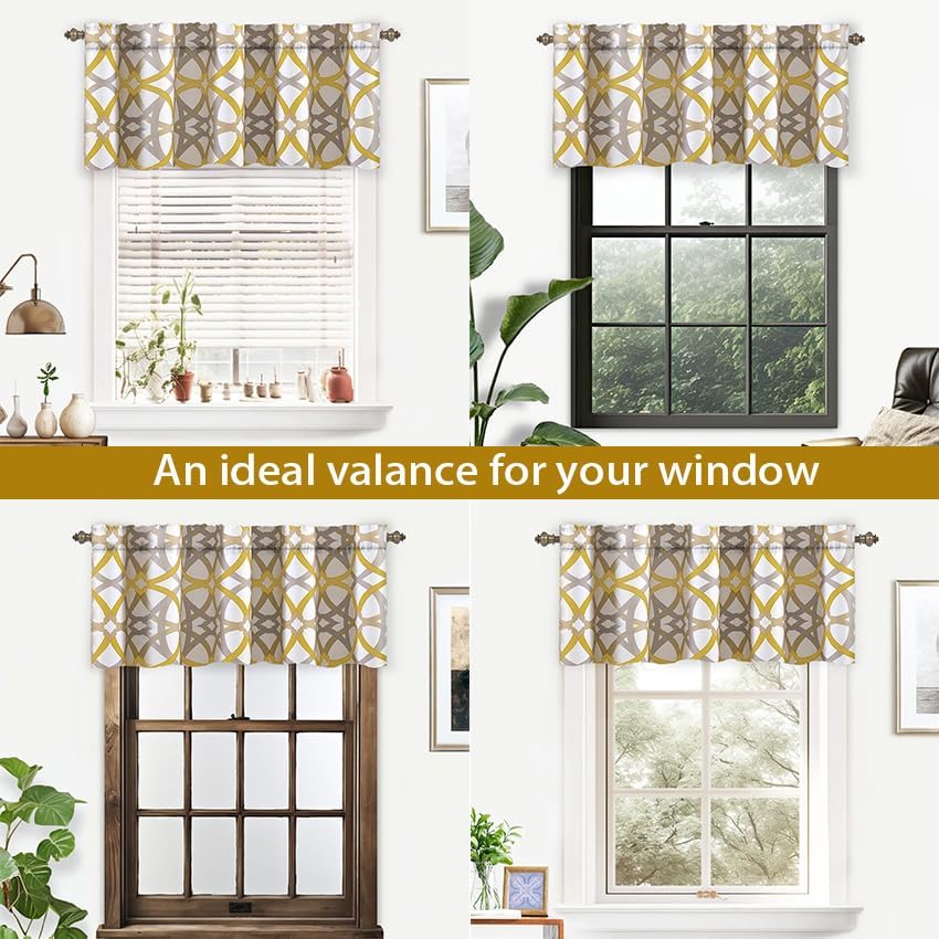 DriftAway Alexander Blackout Valances for Windows Thermal Insulated Kitchen Topper Geometric Moroccan Mid Century Pattern Match Thick Bathroom Curtain Valance Rod Pocket 52 Inch by 18 Inch Yellow/Gray