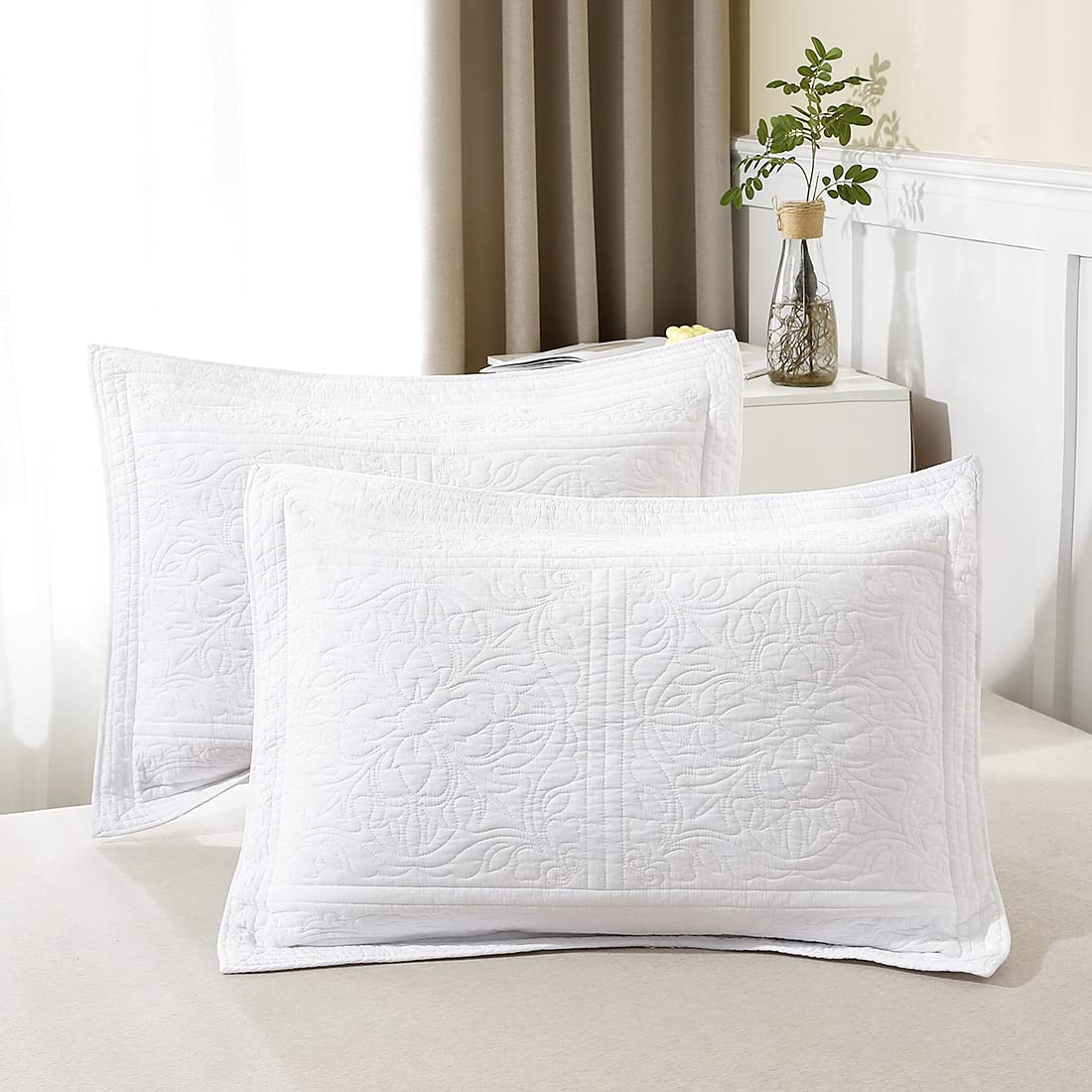 WINLIFE 100% Cotton Quilted Pillow Sham Floral Printed Pillow Cover (Standard, Dusty Pink)