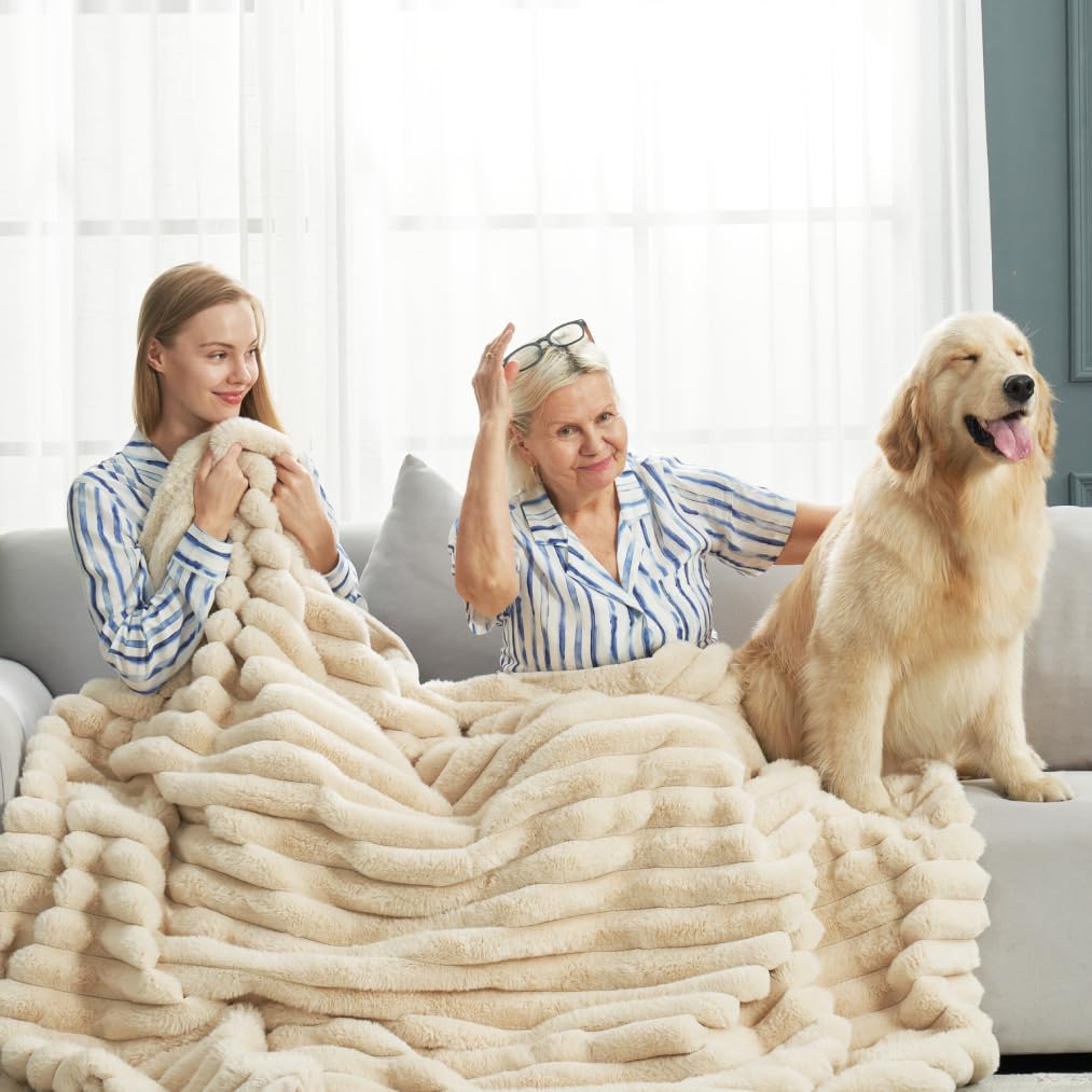 Cozy Bliss Faux Fur Throw Blanket for Couch, Cozy Warm Plush Striped Blanket for Sofa Bedroom Living Room, 50 * 60 Inches Hot Pink