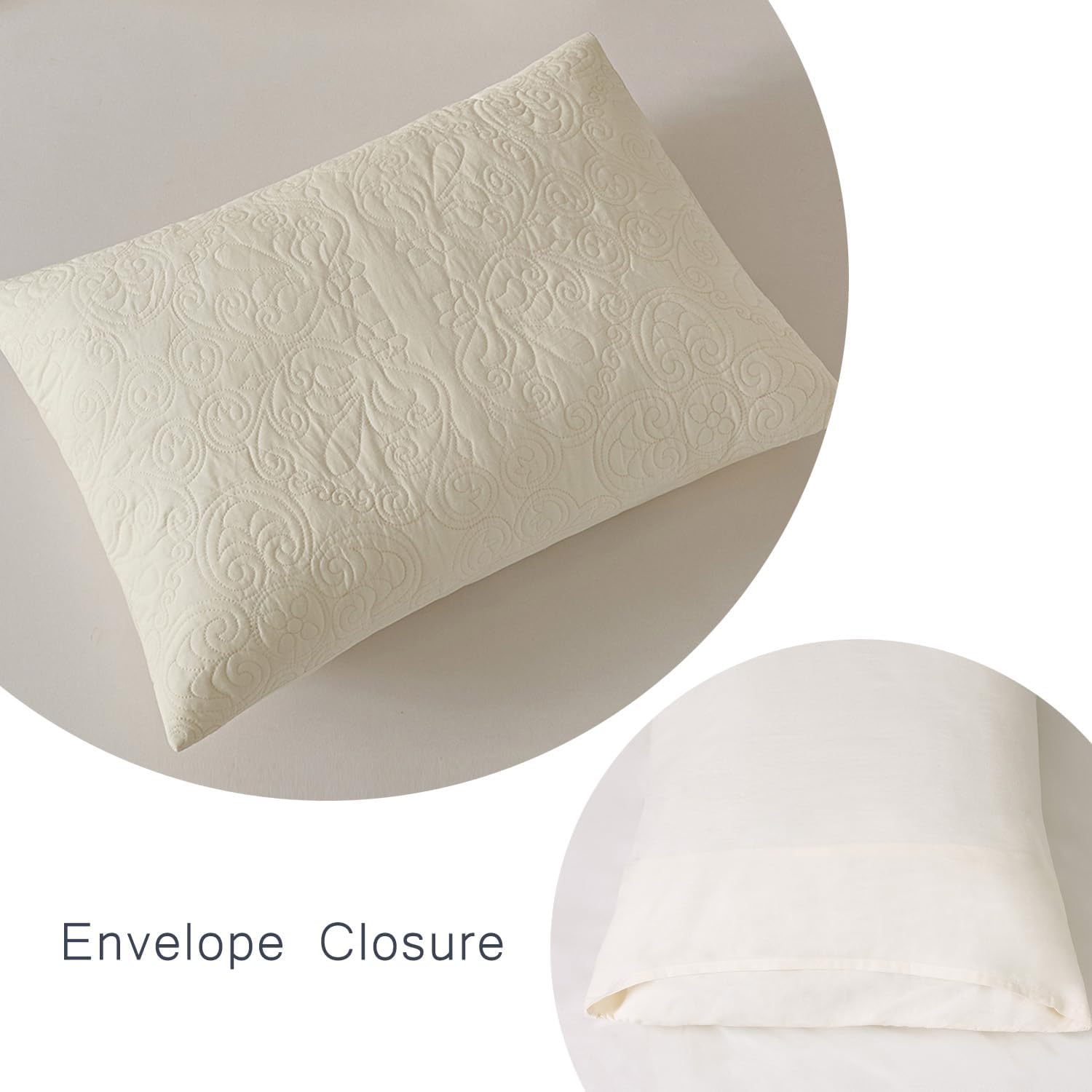 YINFUNG Quilted Pillow Shams Damask Medallion Ivory Standard Set of 2 Cream Embroidered Vintage Pillowcases Embossed Textured Cotton Pattern Bright White