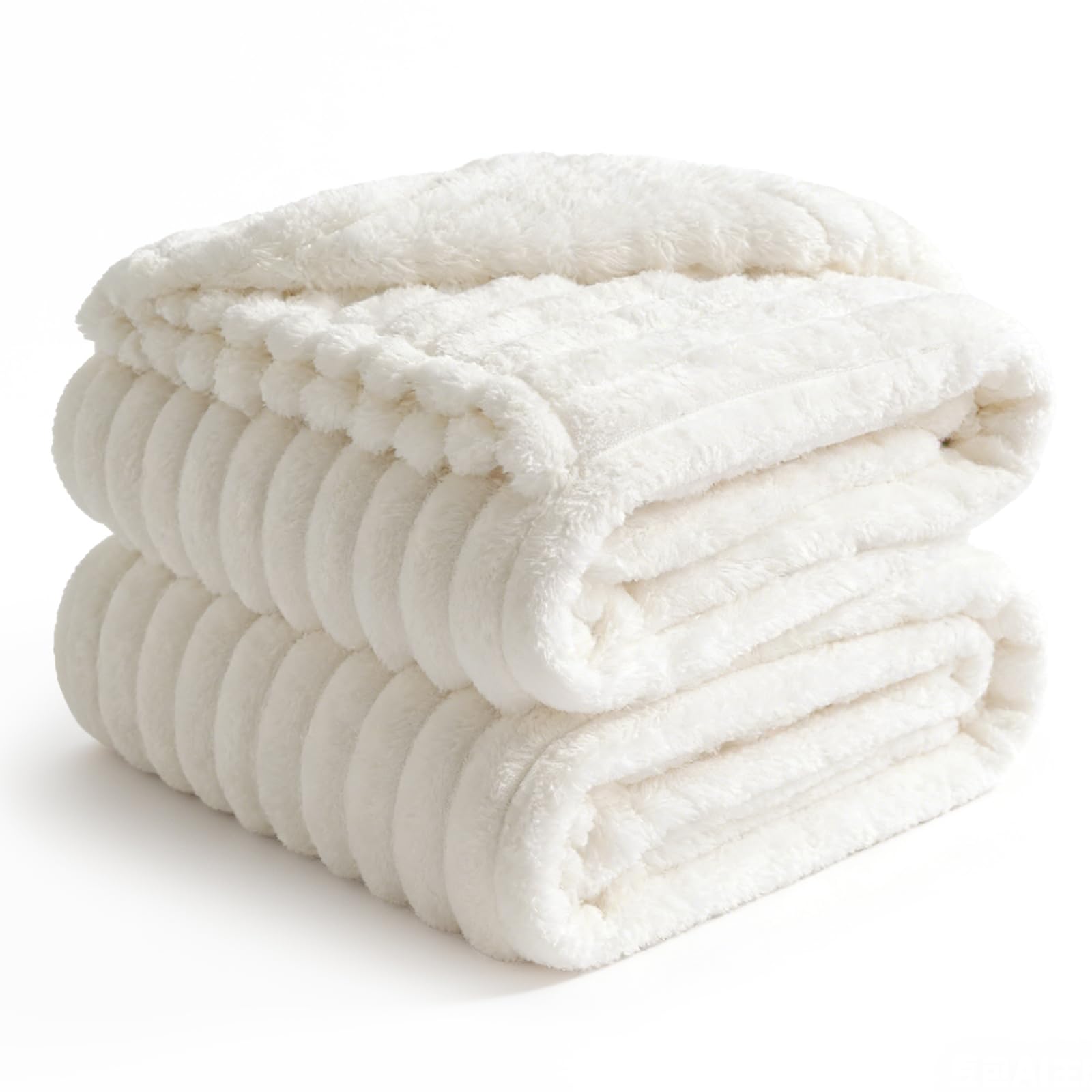 BEDELITE Fleece Throw Blanket for Couch - 300GSM Soft & Warm Fluffy Cream White Blanket, Decorative and Giftable Striped Blankets for Women, Men, 50"x60"