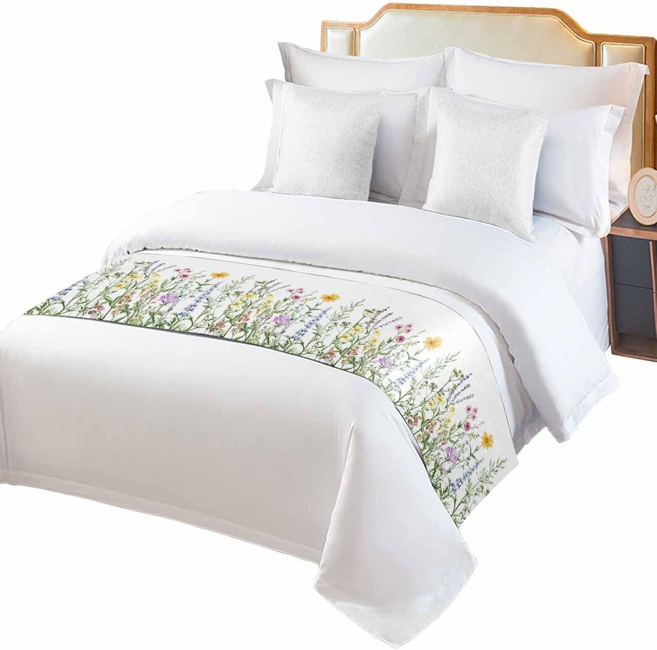 Yukro Bed Runner Scarf, Spring Colorful Wildflower Botanical Green Leaves King Bed Scarf Runner, No Fading Decorative Bedding Scarf for Bedroom Hotels Homes and Guestrooms