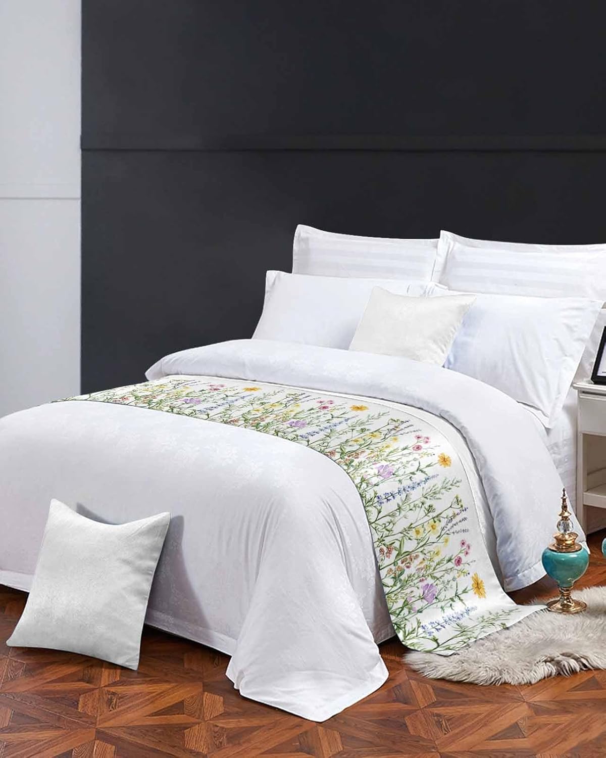 Yukro Bed Runner Scarf, Spring Colorful Wildflower Botanical Green Leaves King Bed Scarf Runner, No Fading Decorative Bedding Scarf for Bedroom Hotels Homes and Guestrooms