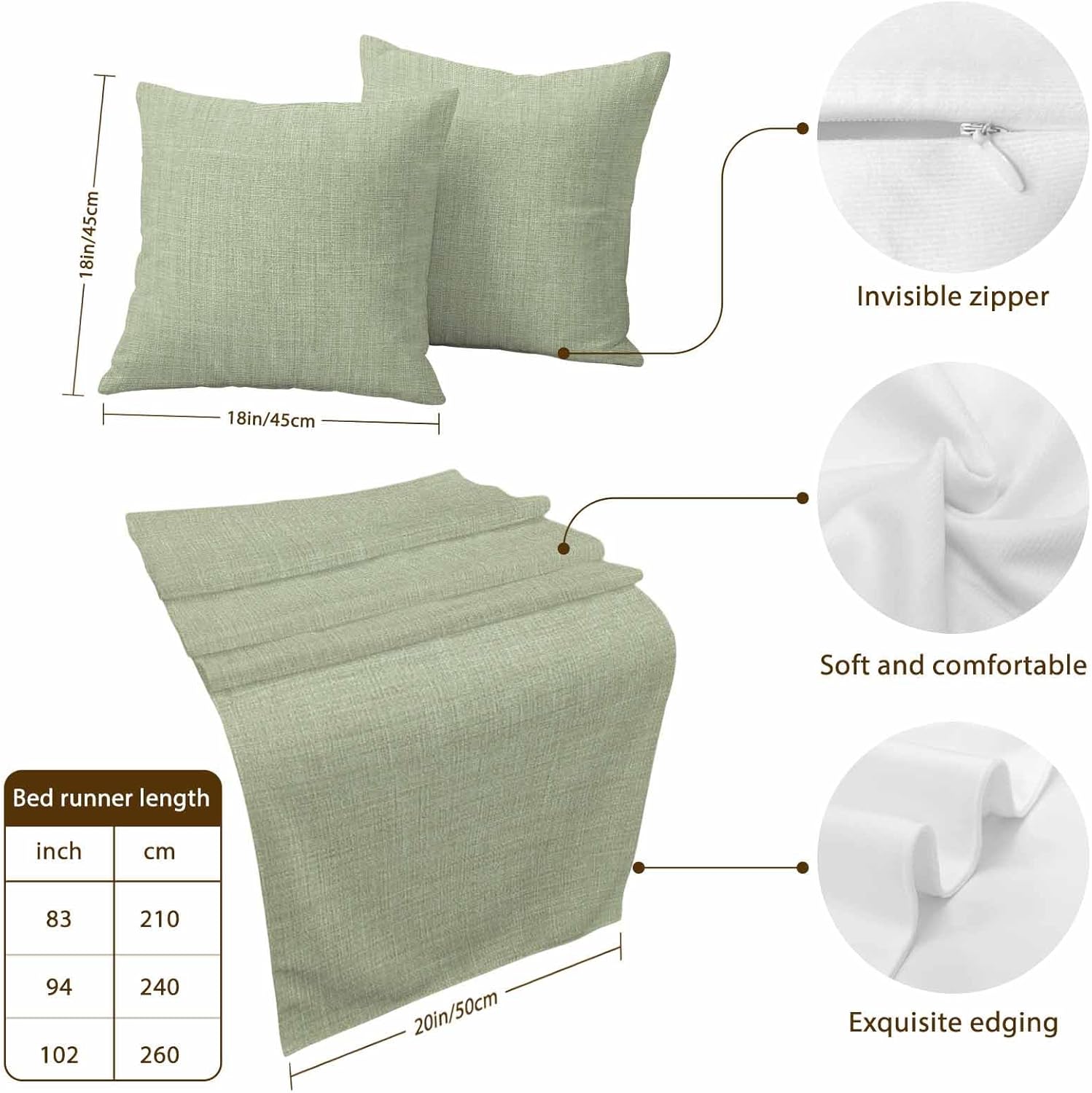 Sage Green Bed Runners for King Size Beds Farmhouse Bed Scarf Matching Decorative Throw Pillow Covers Modern Minimalism Solid Color Art Hotel Beds End Blanket Towel Soft Bedspread Protection