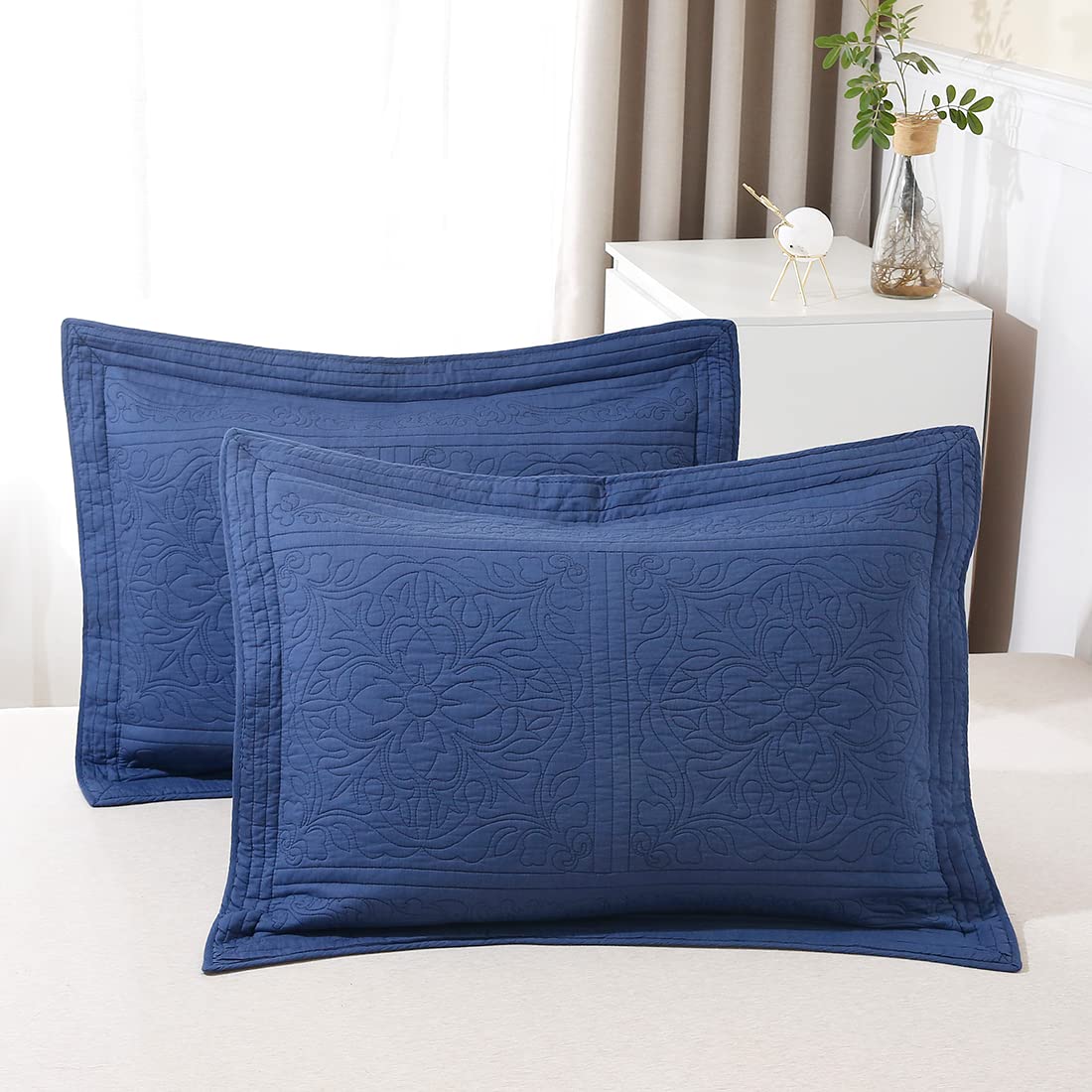 WINLIFE 100% Cotton Quilted Euro Sham Covers, 2 Pack Cotton 26'' x 26'' Pillow Covers, Soft and Breathable Euro Shams, Square Pillow Shams, Navy Blue