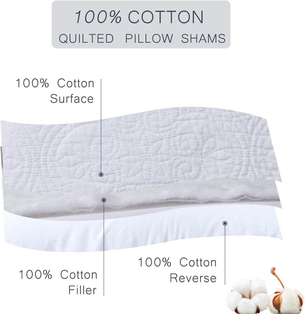 White Quilted Pillow Sham Standard Cotton Medallion Damask Set of 2 Embroidered Floral Pillowcases Scalloped Embossed Matelasse Victorian Vintage Textured Decorative 20×26