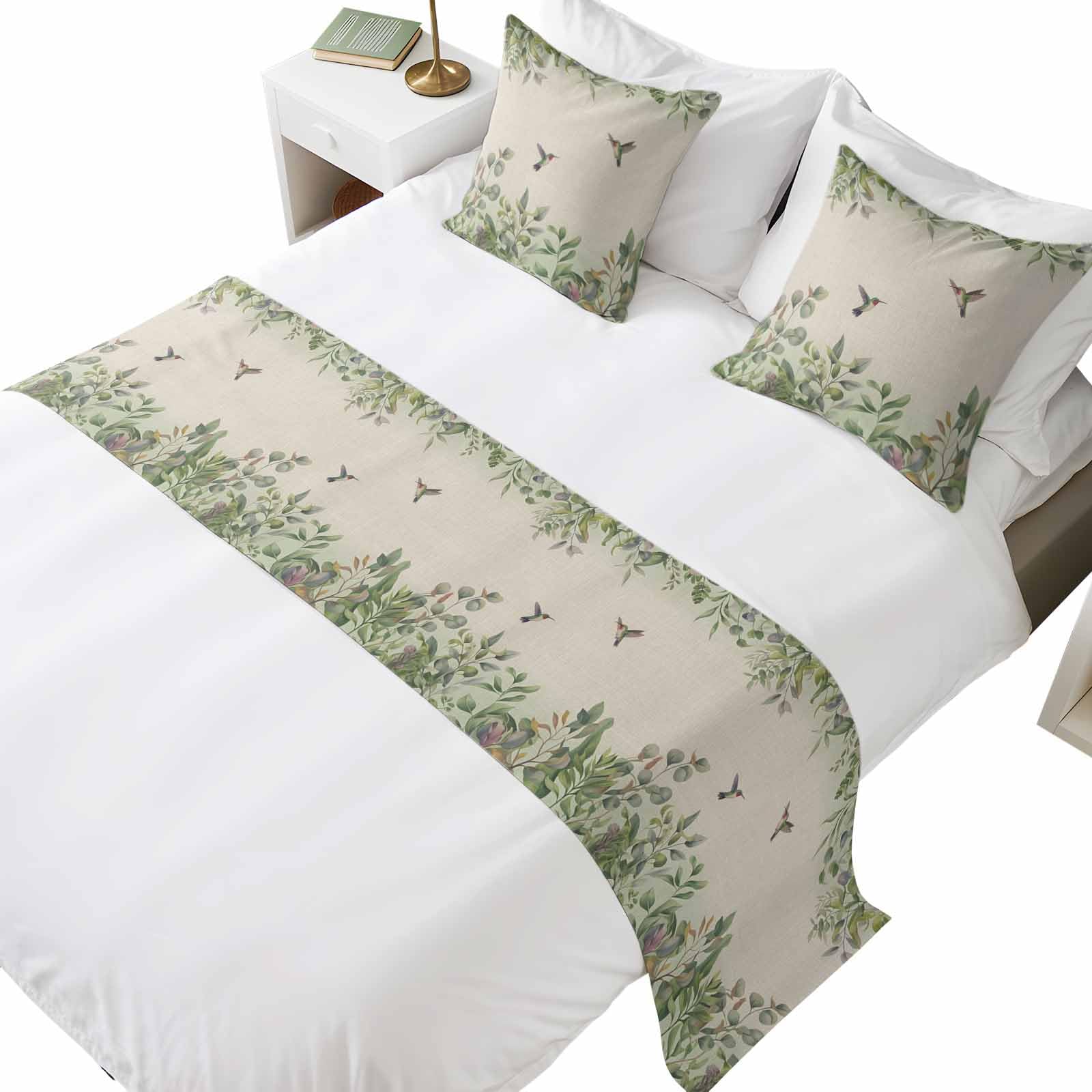 Leaf Bird Bed Runners for Queen Size Beds Sage Greeen Botanical Watercolor Animals Bed Scarf Matching Decorative Throw Pillow Covers Hotel Beds End Blanket Towel Soft Bedspread Protection for Bedroom