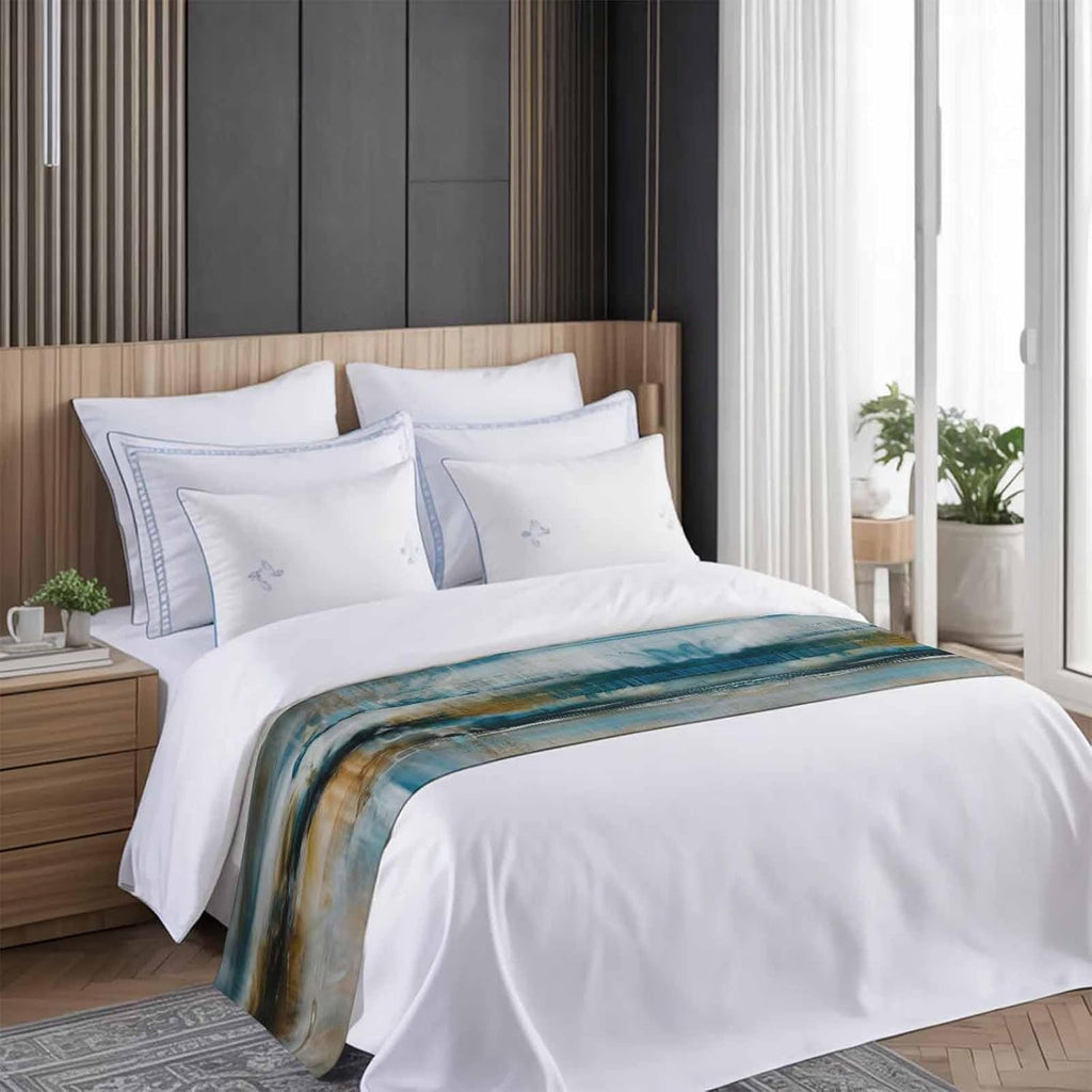 Abstract Mottled Turquoise Green Gray Art Bed Runners for Bedroom Hotel,Decorative Bedding Scarf Retro Painting Bed End Blanket Bedding Runner Scarves for Queen Size Bed,94x20in