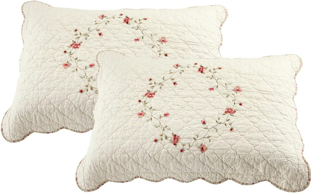 vctops 2-Piece Elegant Floral Embroidered Pillow Shams Queen Size 100% Cotton Quilted Decorative Pillow Shams Set (Cream,20"x28")