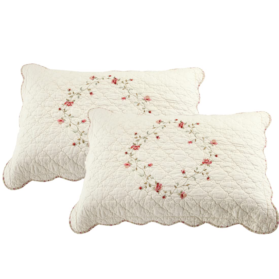 vctops 2-Piece Elegant Floral Embroidered Pillow Shams Queen Size 100% Cotton Quilted Decorative Pillow Shams Set (Cream,20"x28")