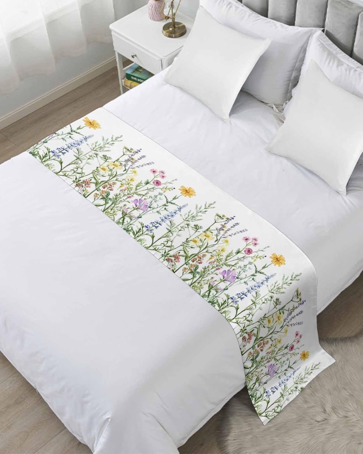 Yukro Bed Runner Scarf, Spring Colorful Wildflower Botanical Green Leaves King Bed Scarf Runner, No Fading Decorative Bedding Scarf for Bedroom Hotels Homes and Guestrooms