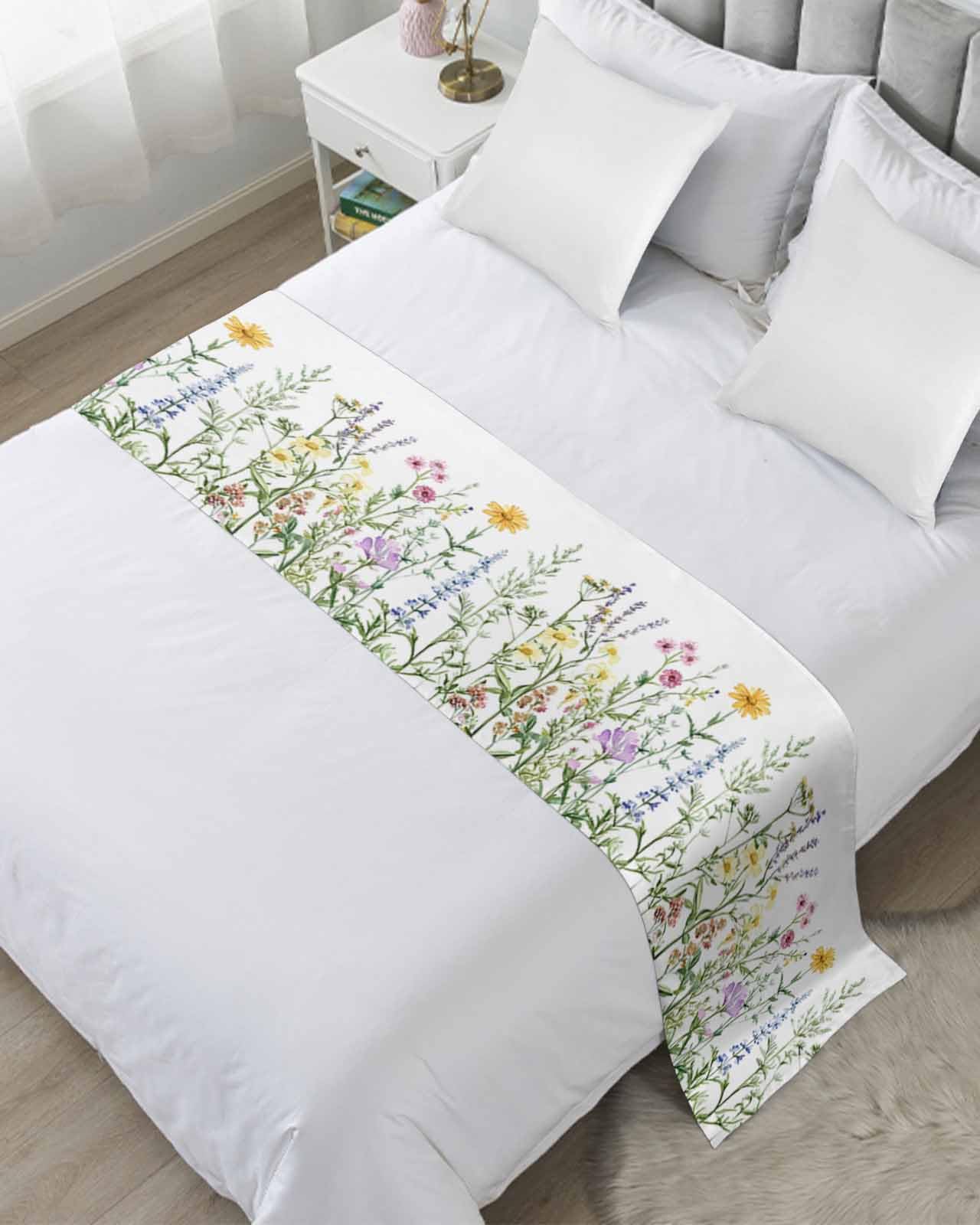 Yukro Bed Runner Scarf, Spring Colorful Wildflower Botanical Green Leaves King Bed Scarf Runner, No Fading Decorative Bedding Scarf for Bedroom Hotels Homes and Guestrooms
